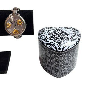 Brighton Womens Silver & Gold Floral Accent Chain Link Watch Heart Tin Box READ